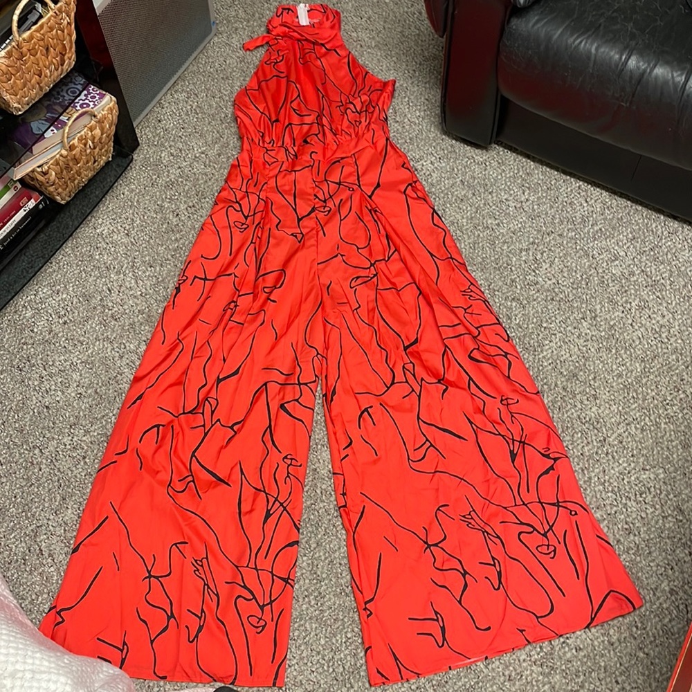 Stylish Red Jumpsuit with Black Accents